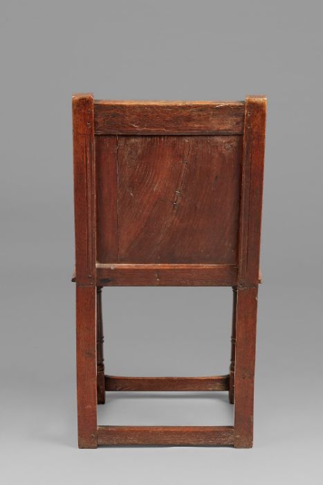 A rare Charles I joined oak closed-back side chair, Derbyshire, circa 1630, The back panel carved - Image 2 of 8