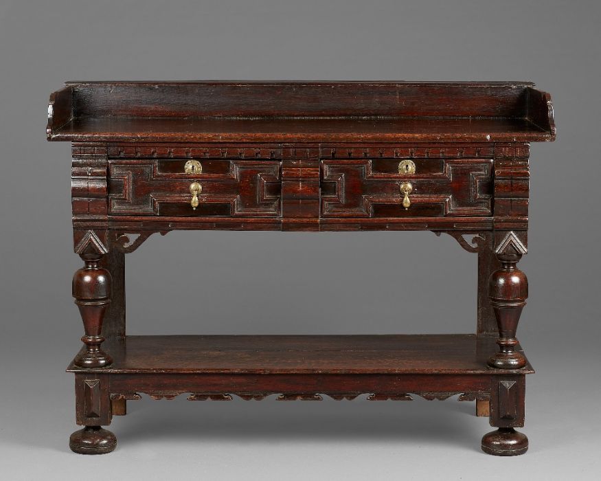 A rare and fine Charles II oak serving table, Cheshire/South Lancashire, circa 1660 Having a twin- - Image 2 of 8