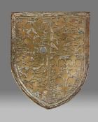 A rare 15th century latten armorial plaque, engraved with the Plantagenet Royal Arms, circa 1406 -