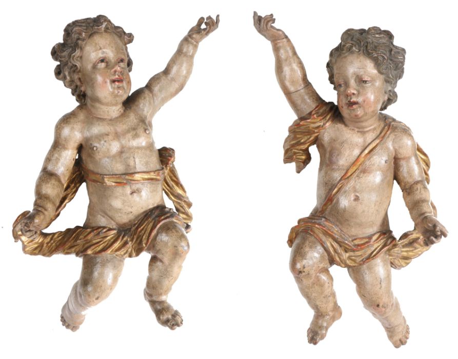 A pair of Baroque oak and original polychrome and gilt-decorated cherubs, Italian, circa 1660-80 - Image 2 of 2