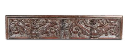 A rare and good Elizabeth I oak frieze panel, Gloucestershire, circa 1580 Well-carved with two