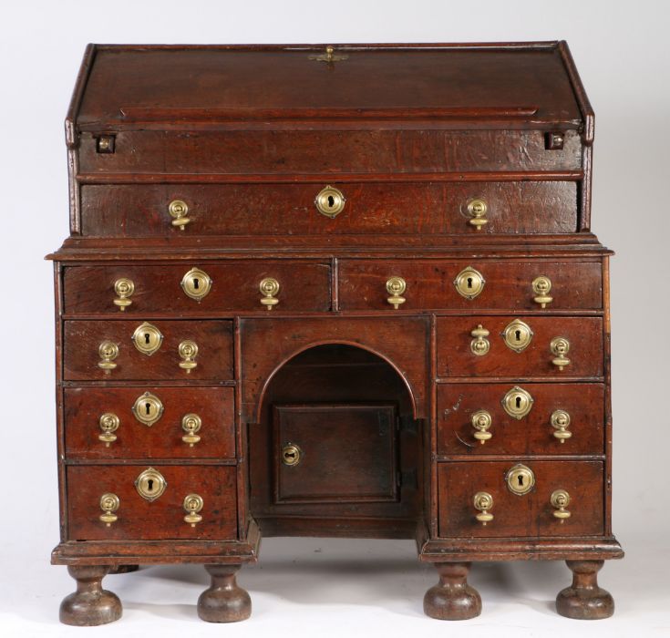 A rare William & Mary oak kneehole bureau, circa 1690 Of good bold design, having a one-piece slope, - Image 3 of 13