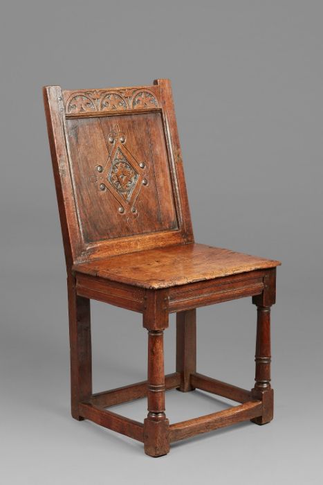 A rare Charles I joined oak closed-back side chair, Derbyshire, circa 1630, The back panel carved - Image 4 of 8