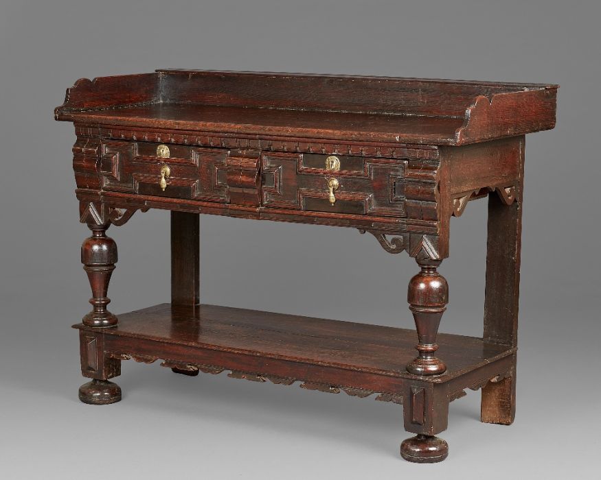 A rare and fine Charles II oak serving table, Cheshire/South Lancashire, circa 1660 Having a twin- - Image 4 of 8