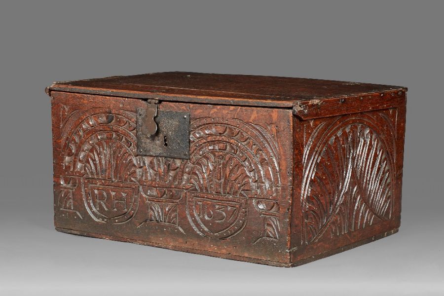 A Charles I boarded oak box, Gloucestershire, dated 1637 The hinged lid with simple slender edge- - Image 2 of 23