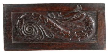 An Elizabeth I carved oak dragon carved panel, Gloucestershire, circa 1600 Designed bearing teeth,