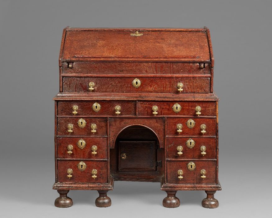 A rare William & Mary oak kneehole bureau, circa 1690 Of good bold design, having a one-piece slope, - Image 6 of 13