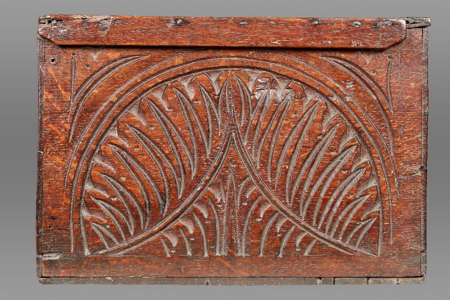 A Charles I boarded oak box, Gloucestershire, dated 1637 The hinged lid with simple slender edge- - Image 6 of 23