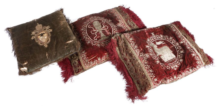 Two large 17th century crimson silk velvet and metallic needlework cushions, Italian, circa 1600 - Image 2 of 4