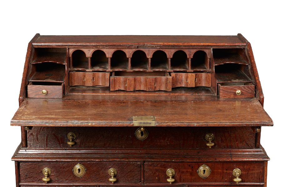 A rare William & Mary oak kneehole bureau, circa 1690 Of good bold design, having a one-piece slope, - Image 2 of 13