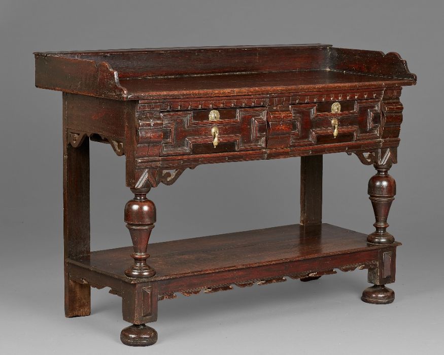 A rare and fine Charles II oak serving table, Cheshire/South Lancashire, circa 1660 Having a twin- - Image 3 of 8