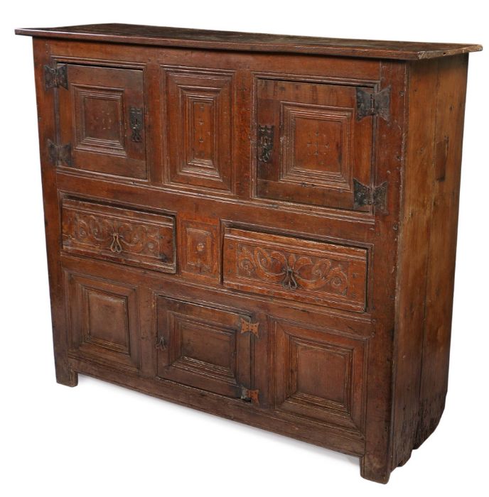 A rare Henry VIII oak joined and boarded livery cupboard, circa 1520-40 The top of two boards with - Image 2 of 4