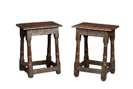 A rare pair of James I oak joint stools, Salisbury, circa 1620 In the manner of the Beckham family