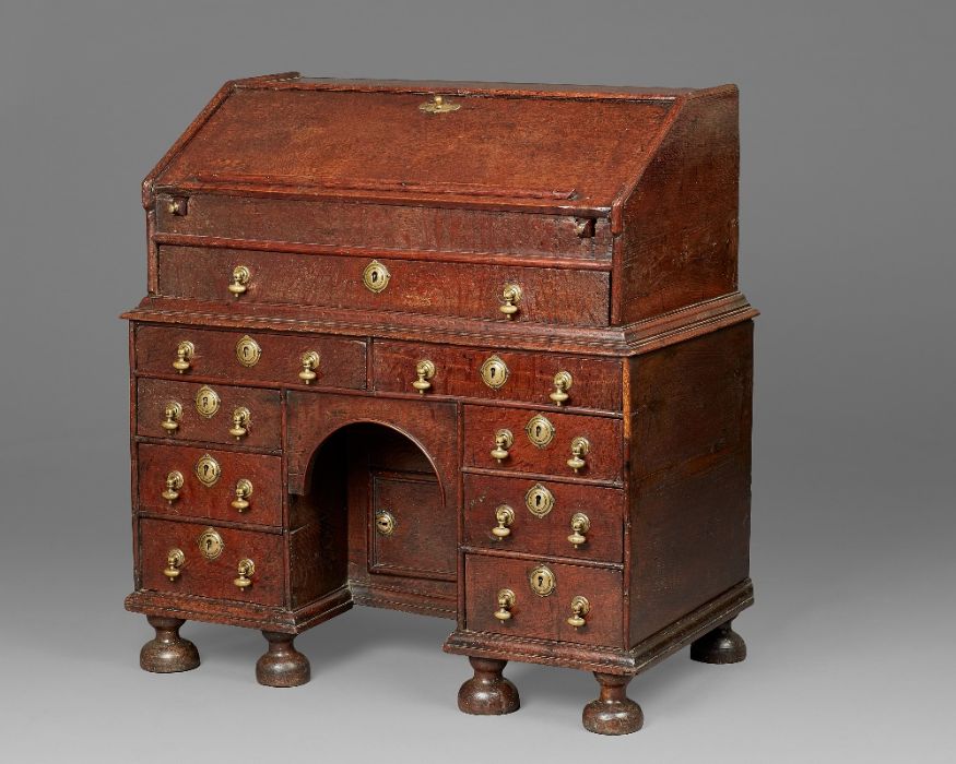 A rare William & Mary oak kneehole bureau, circa 1690 Of good bold design, having a one-piece slope, - Image 11 of 13