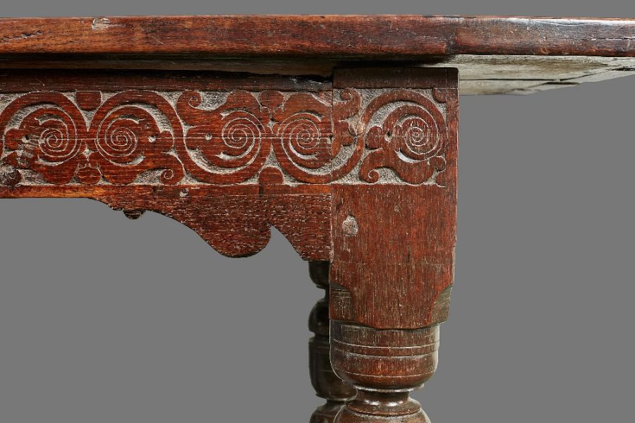 A good and documented mid-17th century oak six-leg refectory table, Trough of Bowland, North - Image 4 of 9