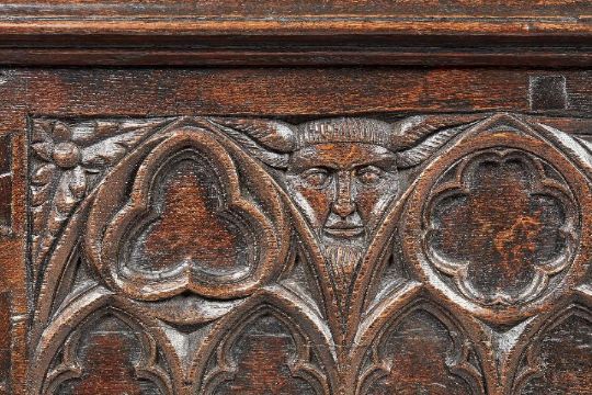 A rare Late Medieval oak chest, circa 1480-1500 Of dove-tail construction using thick boards, having - Image 11 of 15