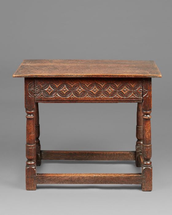 A small and rare Charles I oak side or centre table, Dorset, circa 1640 The boarded top with - Image 7 of 8