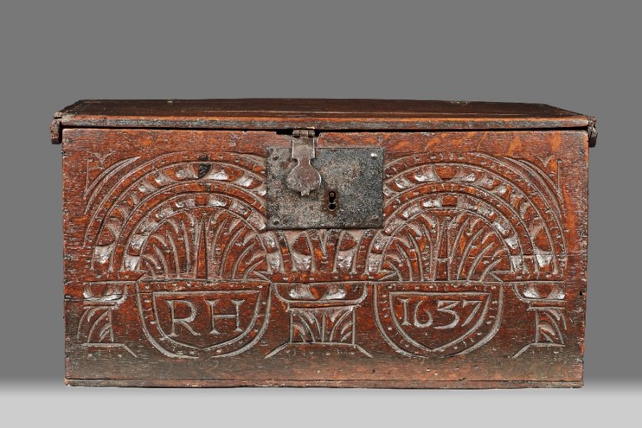 A Charles I boarded oak box, Gloucestershire, dated 1637 The hinged lid with simple slender edge- - Image 17 of 23