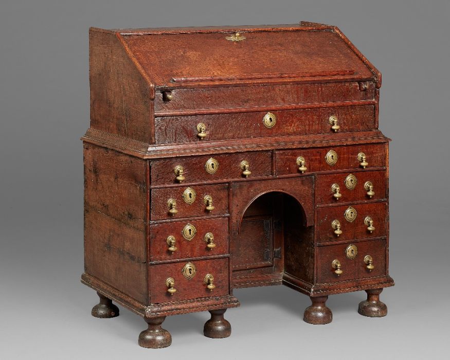 A rare William & Mary oak kneehole bureau, circa 1690 Of good bold design, having a one-piece slope, - Image 10 of 13