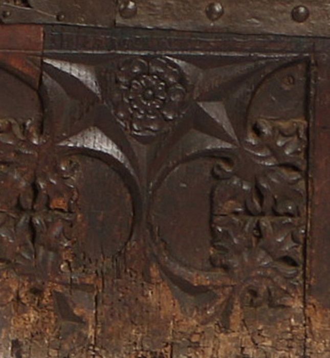 An impressive, large, rare oak and iron-bound chest or Stollentruhe, Westphalian, circa 1480-1520 Of - Image 3 of 9