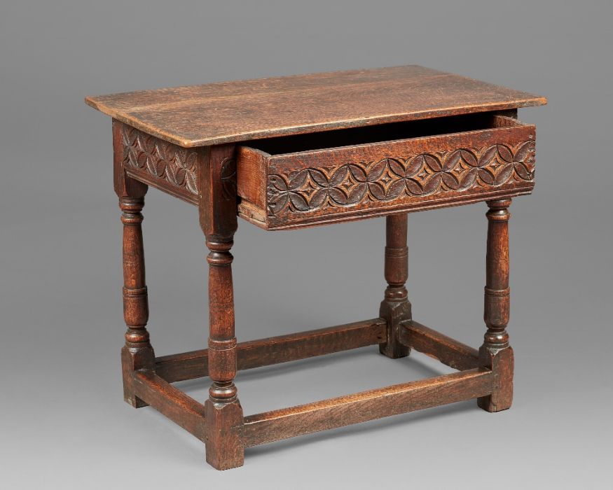 A small and rare Charles I oak side or centre table, Dorset, circa 1640 The boarded top with - Image 4 of 8