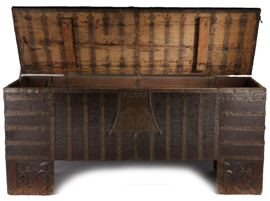 An impressive, large, rare oak and iron-bound chest or Stollentruhe, Westphalian, circa 1480-1520 Of - Image 2 of 9