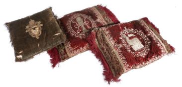 Two large 17th century crimson silk velvet and metallic needlework cushions, Italian, circa 1600