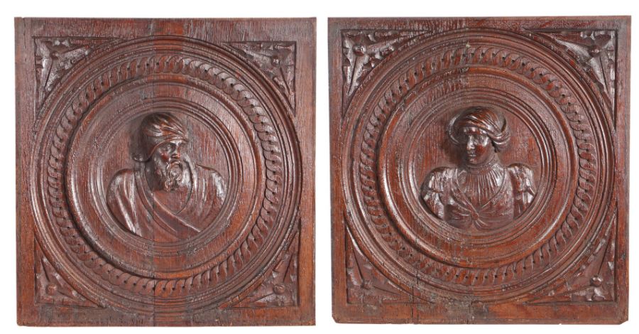 An impressive, large, pair of mid-16th century oak Romayne-type portrait panels, Anglo-Flemish, - Image 4 of 9