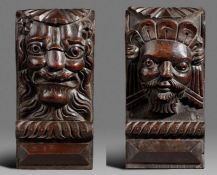 Two large Elizabeth I carved oak corbels, circa 1590 One carved with a male bust, with moustache and