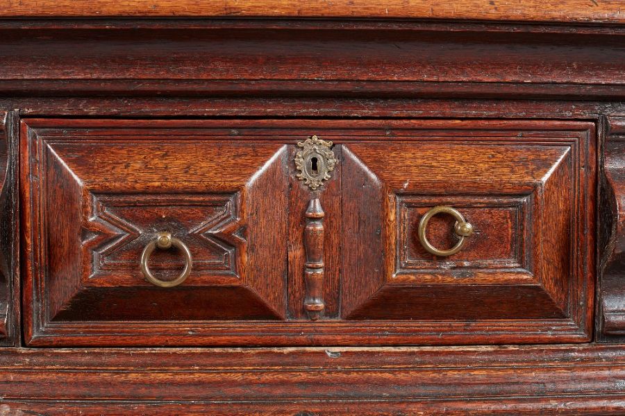 An impressive Charles II oak low dresser, Cheshire/South Lancashire, circa 1660-70 The boarded top - Image 5 of 9