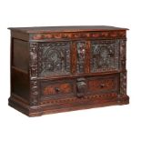 A large Charles I oak and inlaid coffer with drawers, in the Elizabethan manner, Yorkshire,  circa