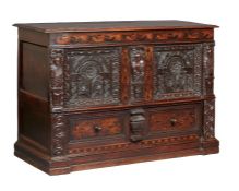 A large Charles I oak and inlaid coffer with drawers, in the Elizabethan manner, Yorkshire,  circa