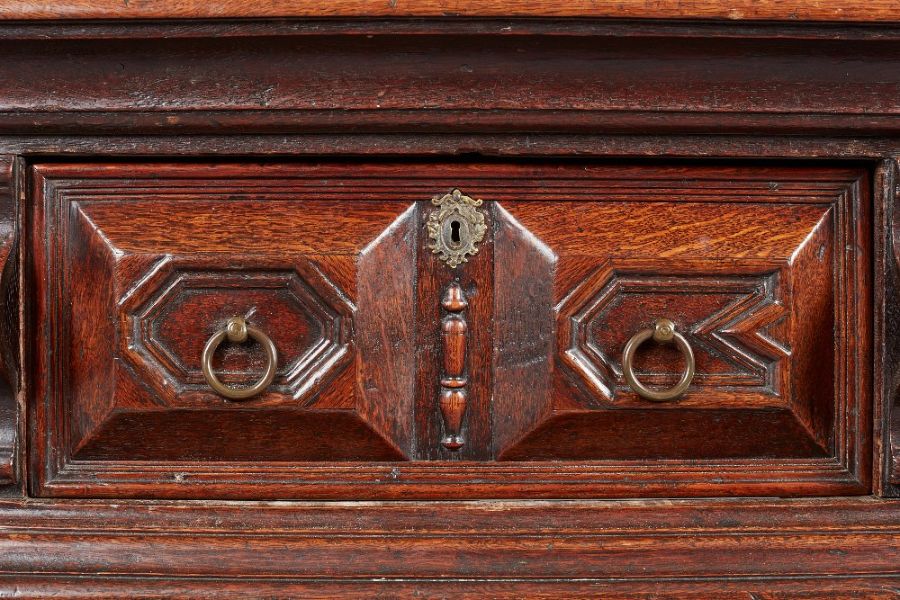 An impressive Charles II oak low dresser, Cheshire/South Lancashire, circa 1660-70 The boarded top - Image 4 of 9