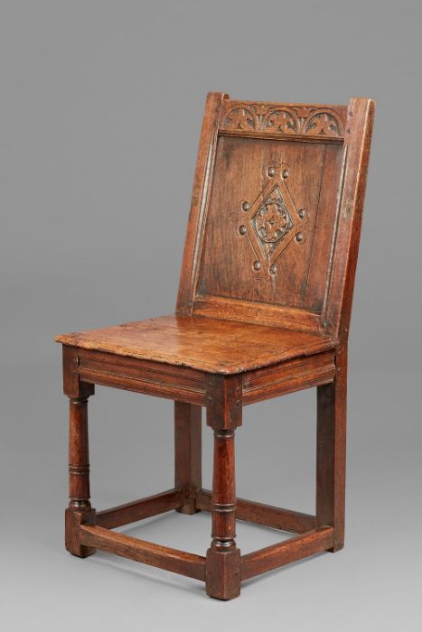 A rare Charles I joined oak closed-back side chair, Derbyshire, circa 1630, The back panel carved - Image 3 of 8
