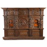 An important, documented, Elizabeth I oak and inlaid overmantle, Gloucestershire, circa 1580