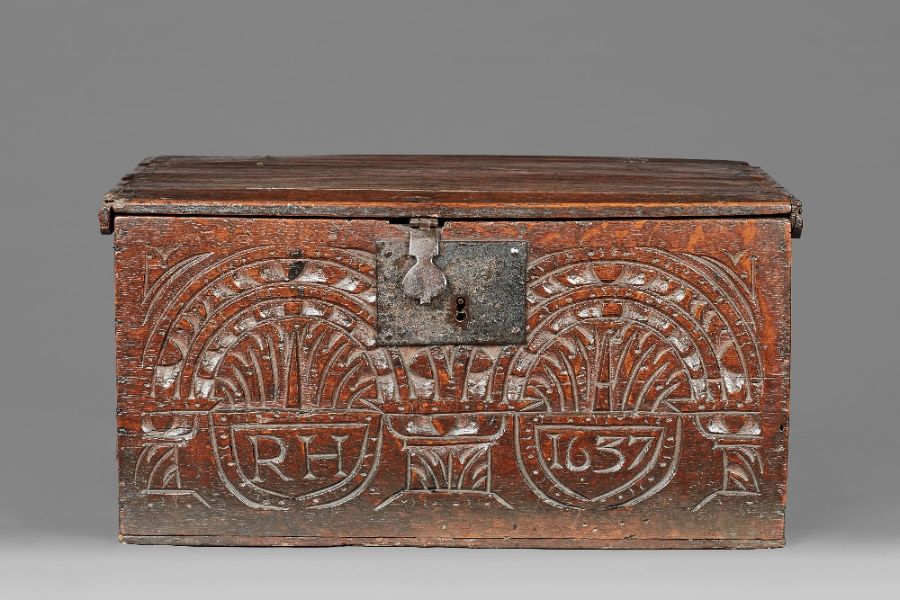 A Charles I boarded oak box, Gloucestershire, dated 1637 The hinged lid with simple slender edge- - Image 4 of 23