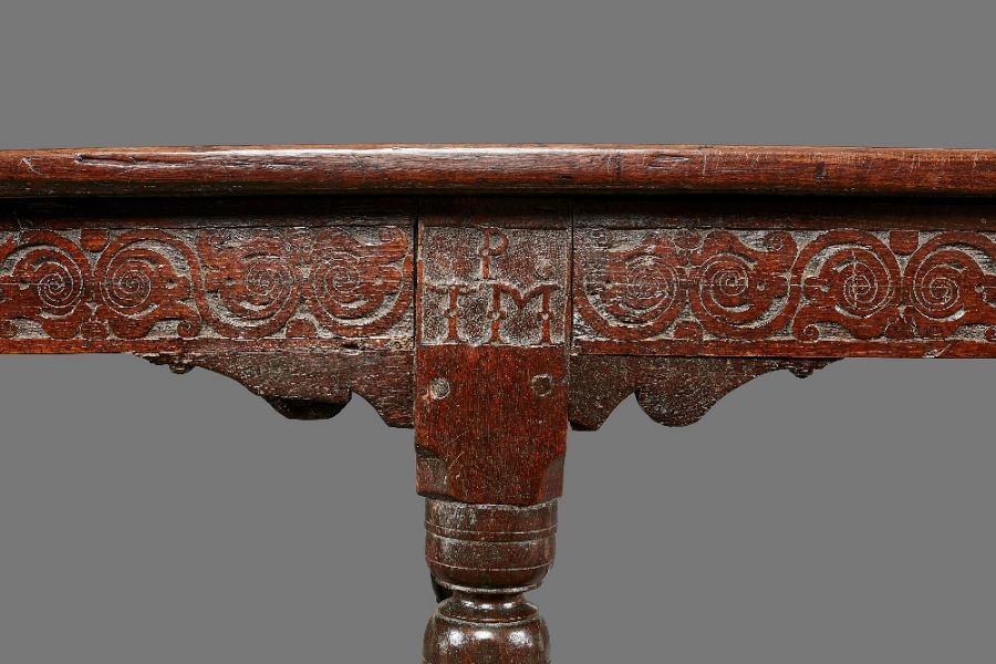 A good and documented mid-17th century oak six-leg refectory table, Trough of Bowland, North - Image 6 of 9