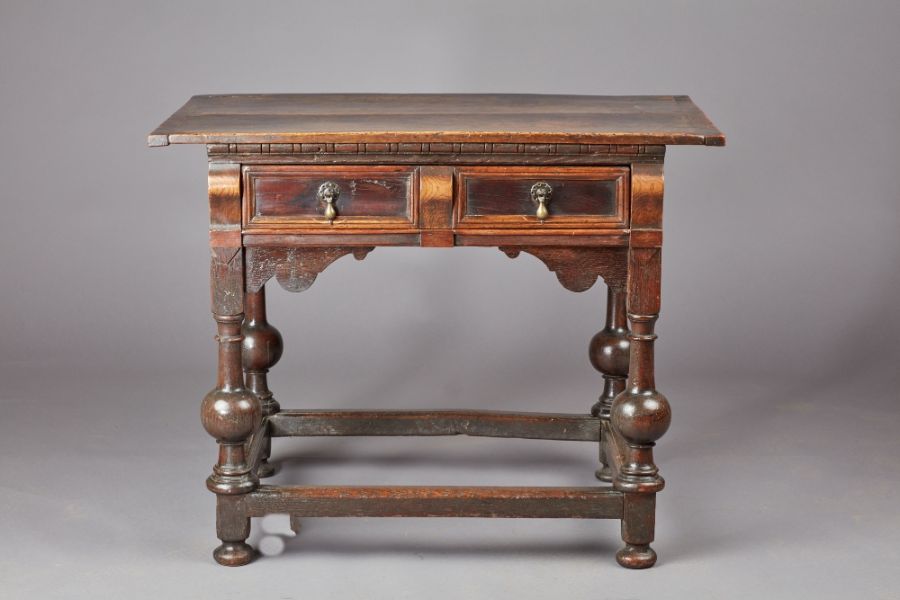 An unusual Charles II oak, elm and snakewood side table, East Anglia, circa 1660 Having a twin- - Image 3 of 8