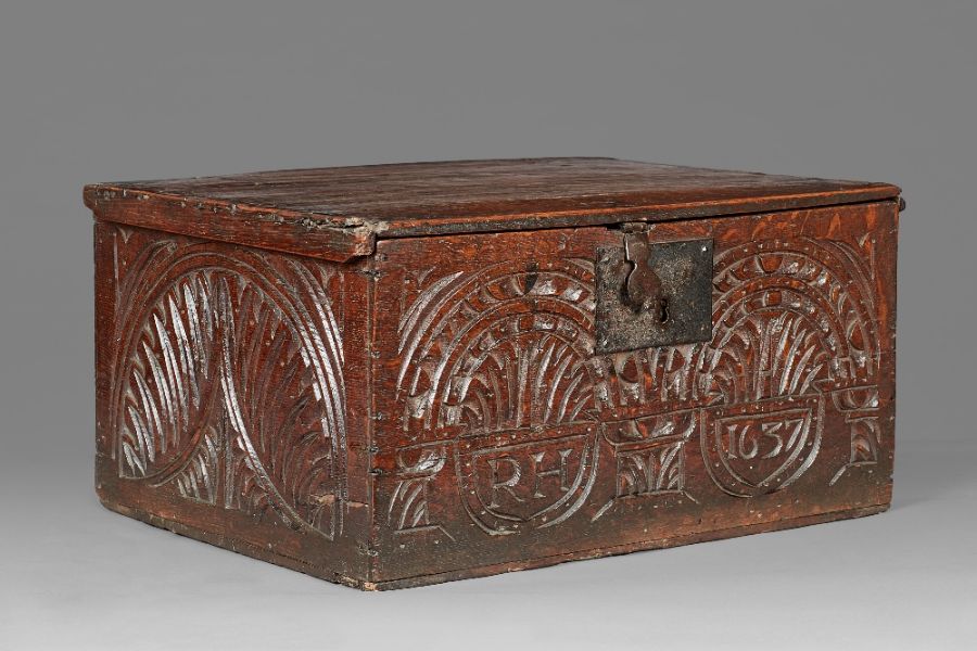 A Charles I boarded oak box, Gloucestershire, dated 1637 The hinged lid with simple slender edge- - Image 15 of 23