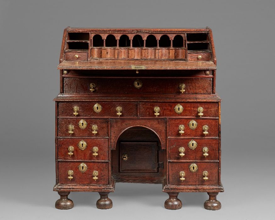 A rare William & Mary oak kneehole bureau, circa 1690 Of good bold design, having a one-piece slope, - Image 9 of 13