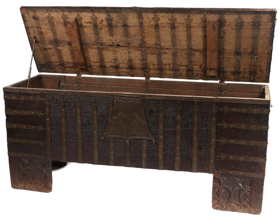 An impressive, large, rare oak and iron-bound chest or Stollentruhe, Westphalian, circa 1480-1520 Of - Image 9 of 9