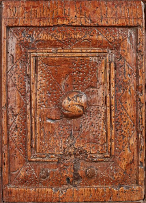 A rare Henry VIII oak joined and boarded livery cupboard, circa 1520-40 The top of two boards with - Image 3 of 4