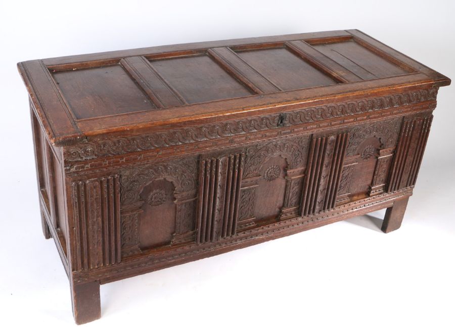 An Elizabeth I joined Baltic oak coffer, East Anglia, circa 1580 Having a quadruple-panelled - Image 9 of 9