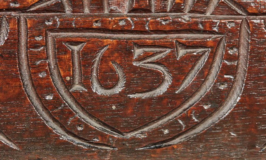 A Charles I boarded oak box, Gloucestershire, dated 1637 The hinged lid with simple slender edge- - Image 9 of 23