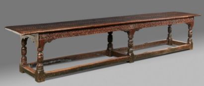 A good and documented mid-17th century oak six-leg refectory table, Trough of Bowland, North