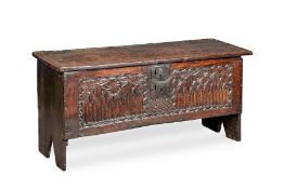 A rare Henry VII/VIII oak boarded chest, circa 1490-1520 Having a one-piece hinged lid, framed by