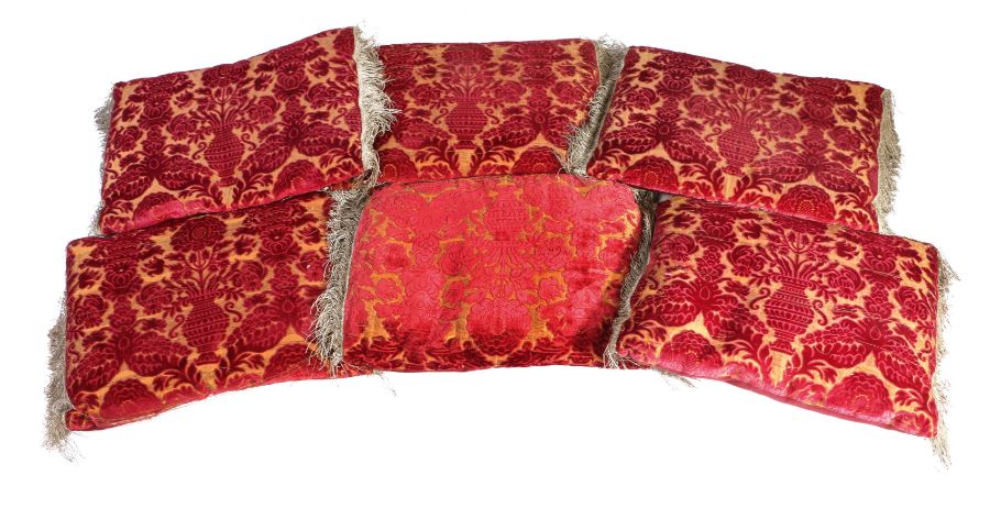 Six Renaissance style cushions Each with a crimson cisleé velvet on a 'gold' metallic ground, - Image 2 of 4
