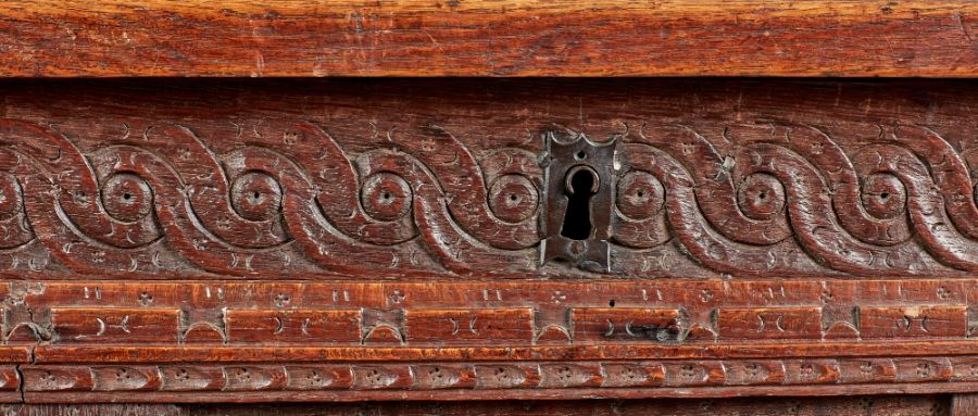 An Elizabeth I joined Baltic oak coffer, East Anglia, circa 1580 Having a quadruple-panelled - Image 6 of 9