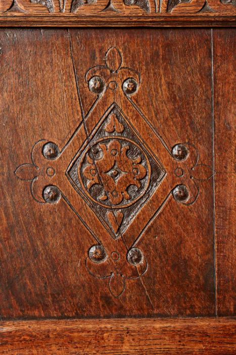 A rare Charles I joined oak closed-back side chair, Derbyshire, circa 1630, The back panel carved - Image 8 of 8