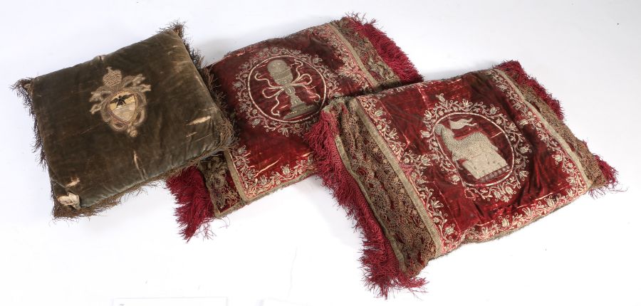 Two large 17th century crimson silk velvet and metallic needlework cushions, Italian, circa 1600 - Image 3 of 4